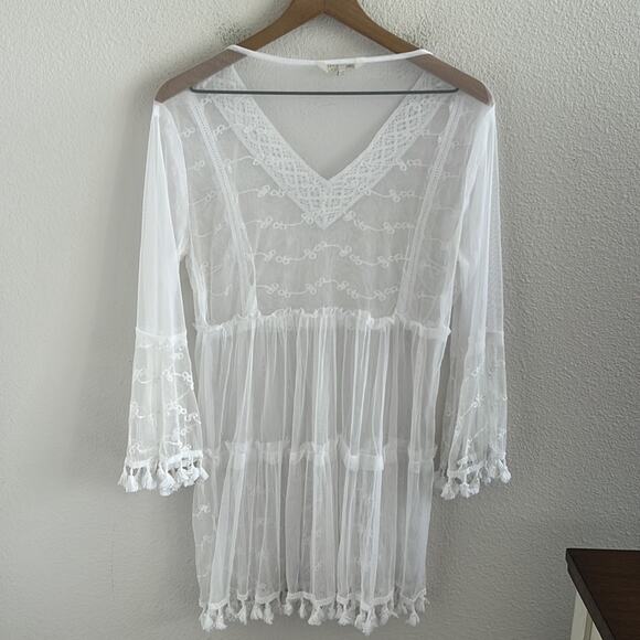 Coconut Bay White Mesh and Lace Boho Swim Beach Cover Up Dress Tunic Medium - Picture 6 of 6